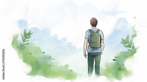 Silhouette of lone traveler looking out into dense jungle cartoon drawing, AI Generated