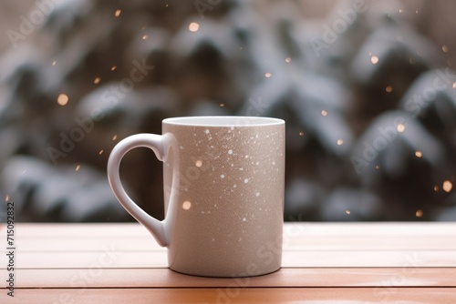  a white coffee mug sitting on top of a wooden table next to a window with snow flakes on it.