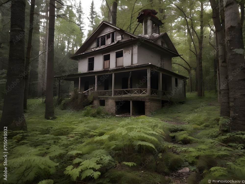 Abandoned house in the forest. Generative AI Abandoned house in the forest. Generative AI