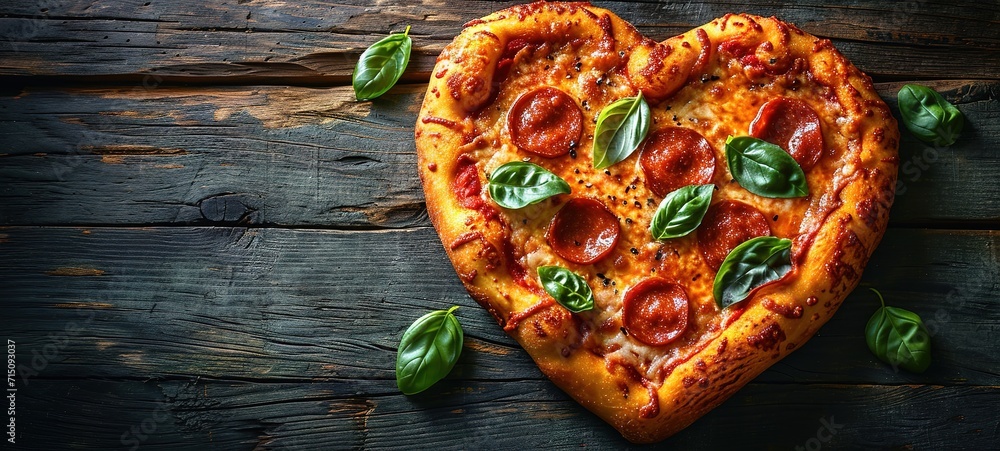Heart shaped pizza on vintage wooden background. The concept of romantic love for Valentine's Day - obrazy, fototapety, plakaty 