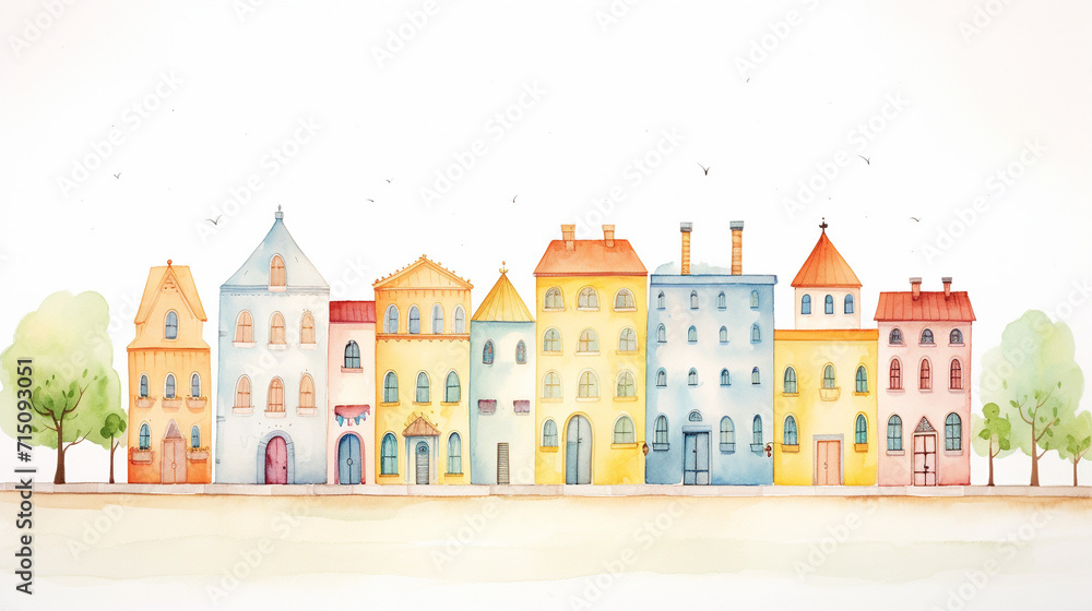 Buildings and galaxies and sea, Cartoon drawing, Water color style, AI Generated