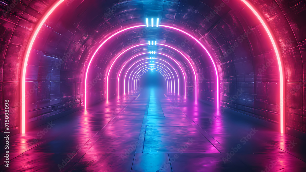 Dark room with abstract neon lights and laser lines, creating a glowing tunnel background Dark room with abstract neon lights and laser lines, creating a glowing tunnel background