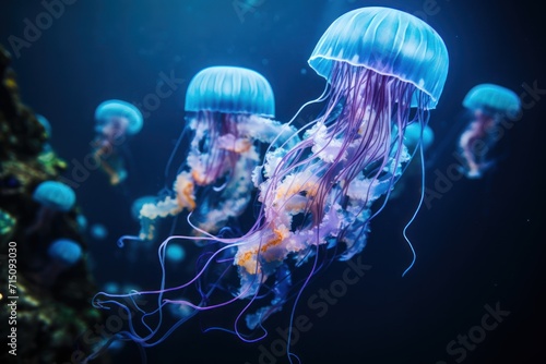  a group of jellyfish swimming in a blue water filled with corals and algaes in a marine aquarium.