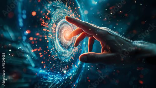 A hand reaching out to touch a captivating data vortex with swirling light particles photo