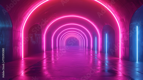 Vibrant neon-lit corridor abstract background with luminous laser technology