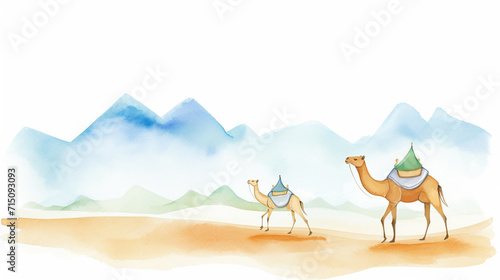 Camel ride on sandy dunes of Sahara desert cartoon drawing  Water color style  AI Generated