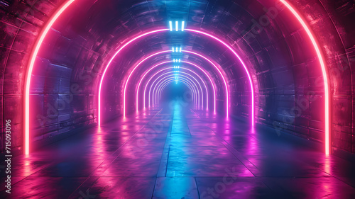 Dark room with abstract neon lights and laser lines, creating a glowing tunnel background