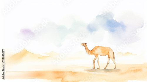 Camel ride on sandy dunes of Sahara desert cartoon drawing  Water color style  AI Generated