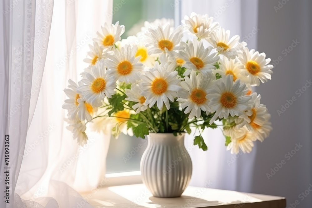 a vase filled with white and yellow daisies on a window sill in front of a curtained window. a vase filled with white and yellow daisies on a window sill in front of a curtained window.