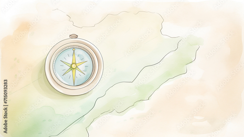 Close-up of compass laying on topographic map cartoon drawing, Water color style, AI Generated