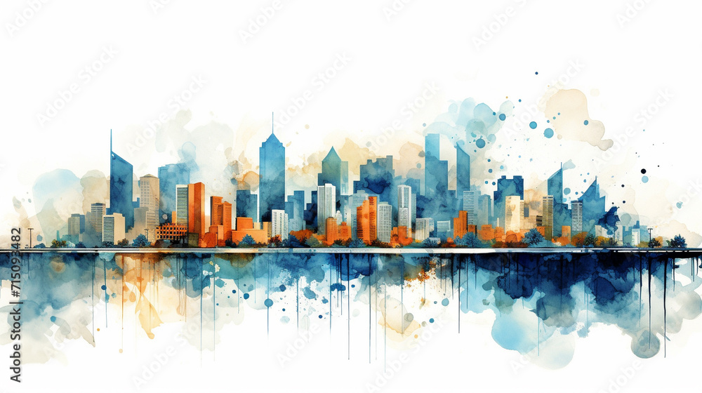Dynamic Watercolor Cityscape, Energetic cityscape painted in watercolors, AI Generated