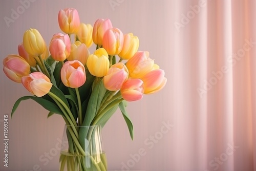  a vase filled with yellow and pink tulips sitting on top of a table next to a pink curtain.