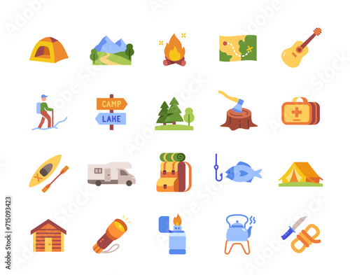 Outdoor travel color icons set. Hiking in forest or mountain. Bright signs with tent, lighter, flashlight and bonfire. Camping and trekking. Cartoon flat vector collection isolated on white background