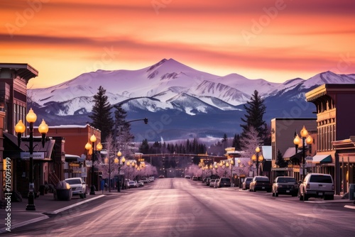  a street with cars parked on both sides of it and a snow covered mountain in the distance in the distance. © Nadia