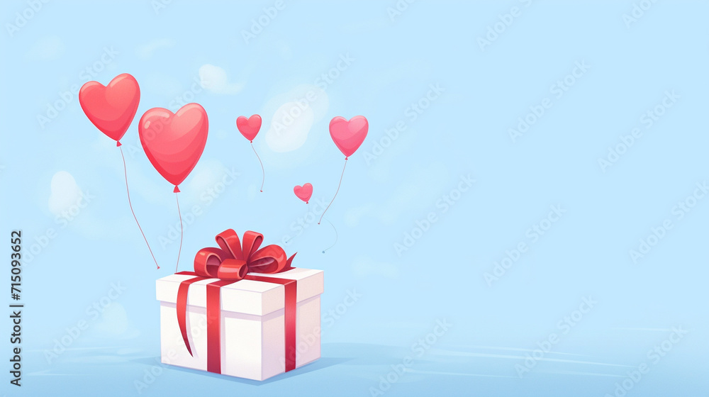 Gift Box Surrounded by Red Rose Petals, Gift box surrounded by red rose petals creating romantic setting on pastel blue background, AI Generated