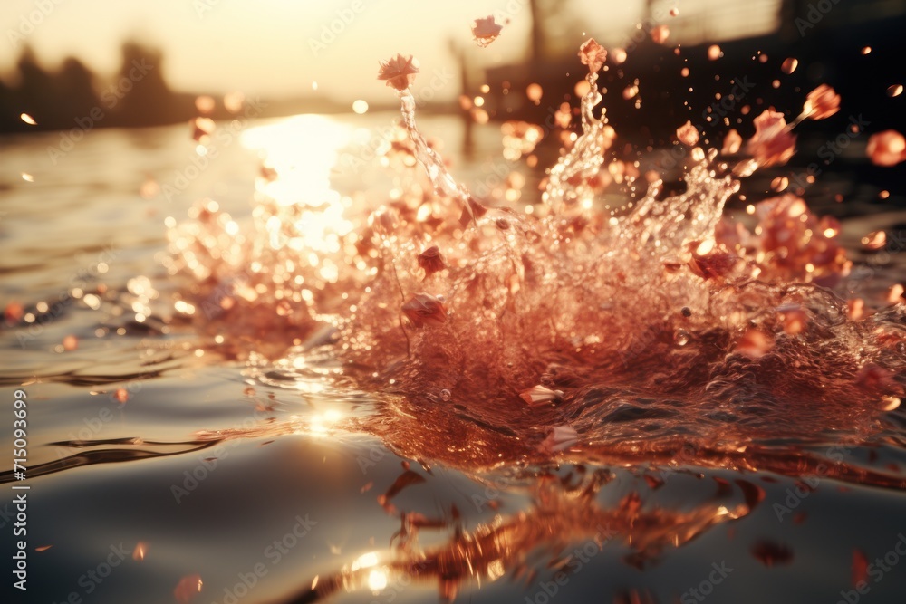  a splash of water on the surface of a body of water with the sun setting in the distance behind it.