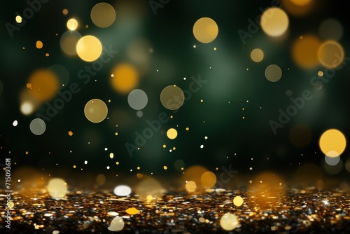  a blurry image of gold glitter on a black background with a boke of lights in the foreground.