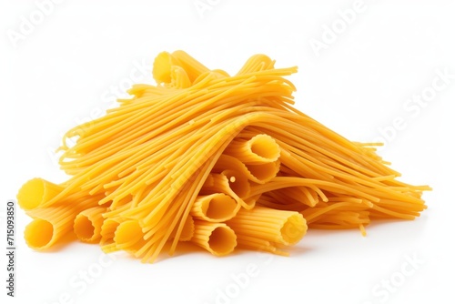  a pile of uncooked pasta noodles on a white background with a clipping path to the top of the noodles.
