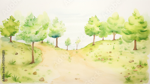 Overhead view of travelers setting up camp in a forest cartoon drawing, Water color style, AI Generated