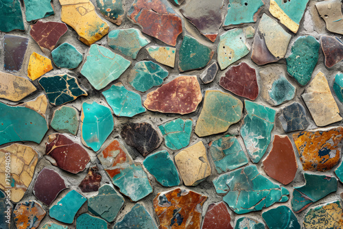 Turquoise and brown colorful mosaic chips, stone tile, surface material texture