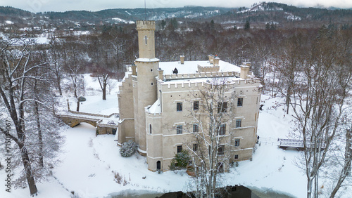Karpniki Castle in winter scenery, Poland.