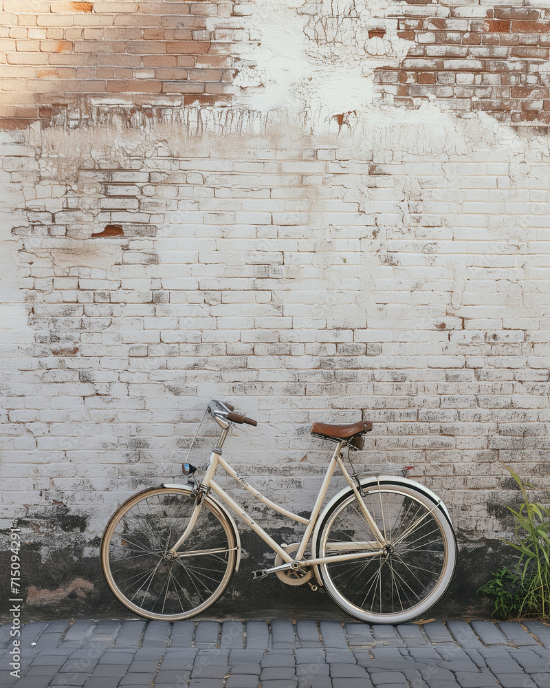 A vintage bicycle leaning against a textured brick wall on a charming street