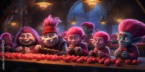 A Whimsical Gathering of Mischievous Cartoon Trolls Engaged in Table Talk. Generative AI.