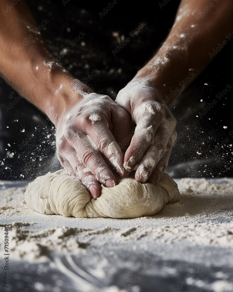 Close-up of a baker's hands expertly kneading dough on a floured surface