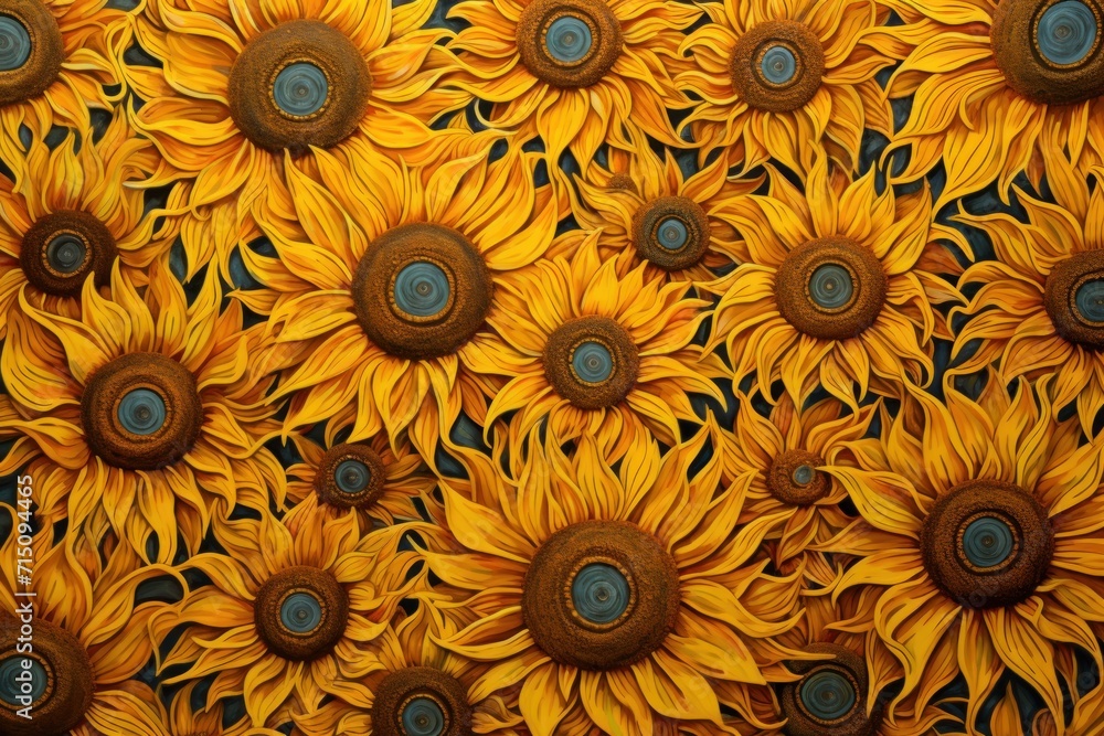 a large group of yellow sunflowers with blue centers on a black background with a smaller group of smaller sunflowers in the middle of the picture. a large group of yellow sunflowers with blue centers on a black background with a smaller group of smaller sunflowers in the middle of the picture.