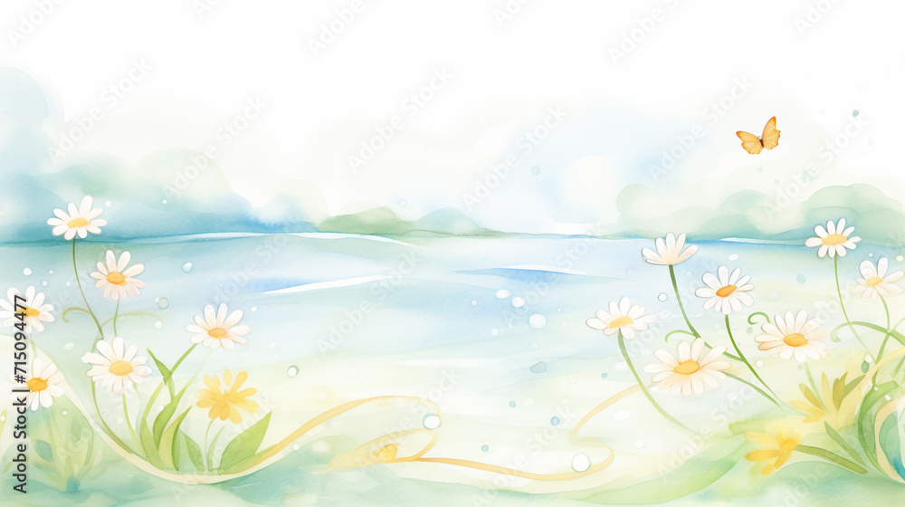 Rivers and daisies, Cartoon drawing, Water color style, AI Generated