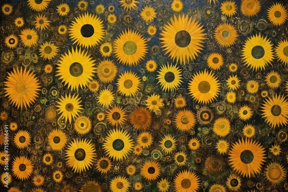 a painting of many yellow sunflowers on a brown and green background with a black circle in the center of the picture. a painting of many yellow sunflowers on a brown and green background with a black circle in the center of the picture.