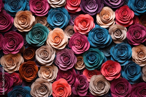  a group of multicolored paper flowers sitting on top of a pile of other paper flowers on a wall.