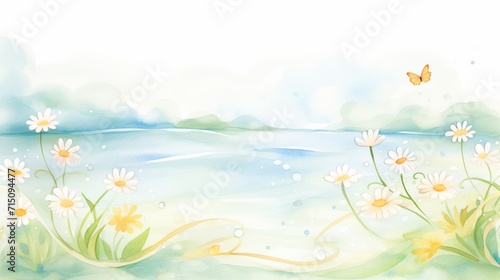 Rivers and daisies  Cartoon drawing  Water color style  AI Generated