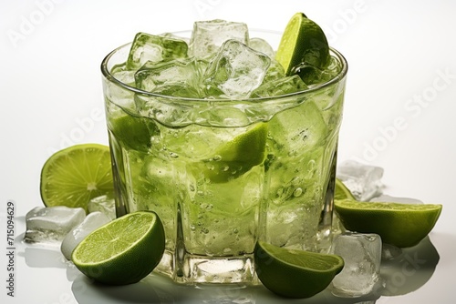  a close up of a drink with limes and ice on a table with ice cubes and limes.