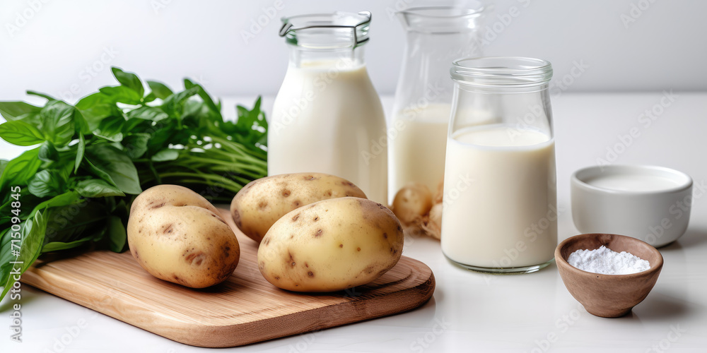 Raw Potatoes and Milk for Cooking. Ingredients for homemade potato milk on white table background with copy space. Raw Potatoes and Milk for Cooking. Ingredients for homemade potato milk on white table background with copy space.