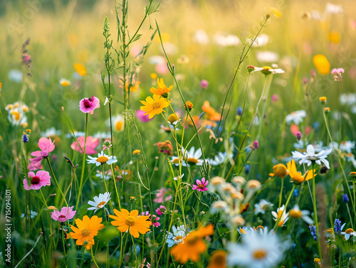 Wildflower meadow with a variety of colorful blooms. Summer freshness and biodiversity concept for design and print. Close-up of a vibrant natural flower field with copy space  © Alexey