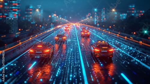 Vehicles on a futuristic highway, high security with advanced technology, generative ai