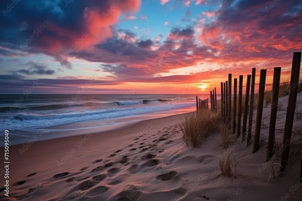  a sunset view of a beach with a fence in the foreground and a body of water in the background.