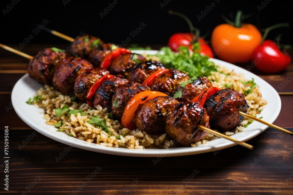  a close up of a plate of food with meat and veggies on skewered skewers.