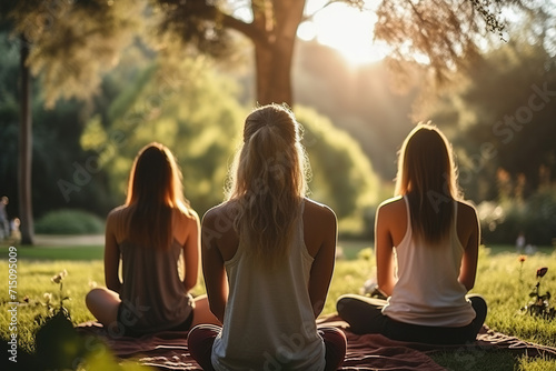 Rear view of women doing yoga in a park on the grass. Generated by artificial intelligence