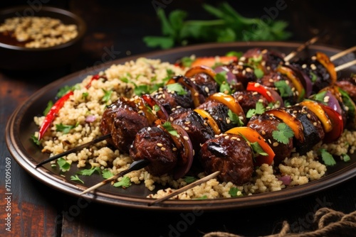  a close up of a plate of food with skewers of meat and veggies on skewers.