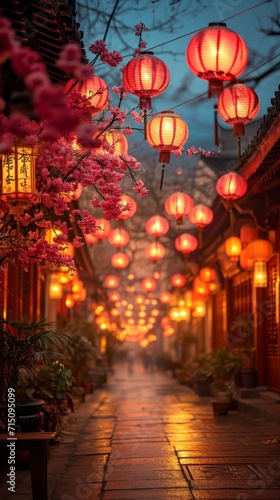 Lantern-lit Traditional Street  A vibrant shot of a traditional Chinese street adorned with red lanterns  bustling with Chinese new year festivities