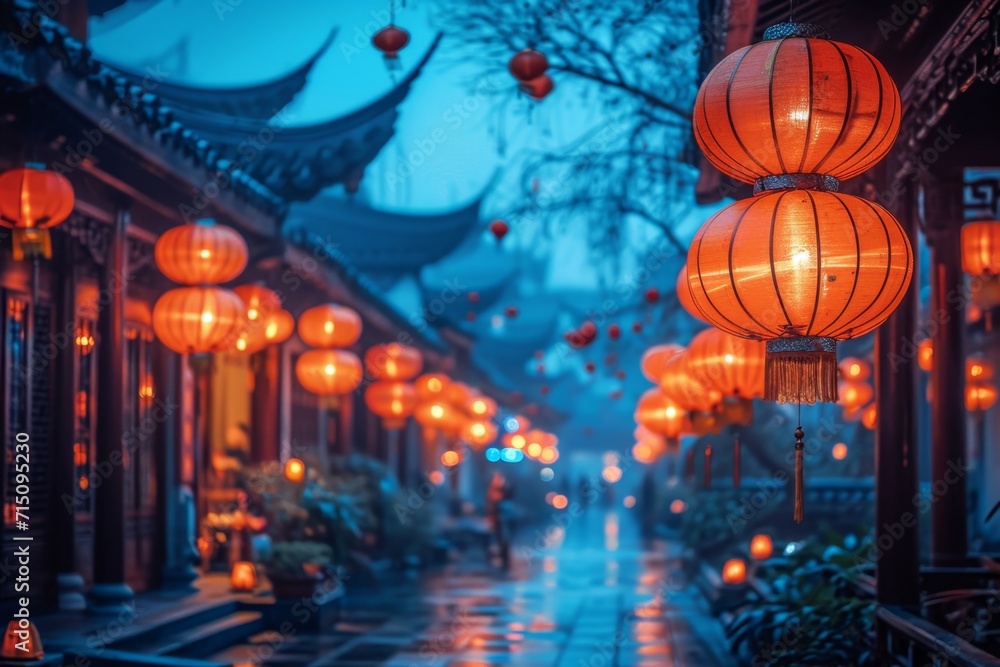 Lantern-lit Traditional Street, A vibrant shot of a traditional Chinese street adorned with red lanterns, bustling with Chinese new year festivities