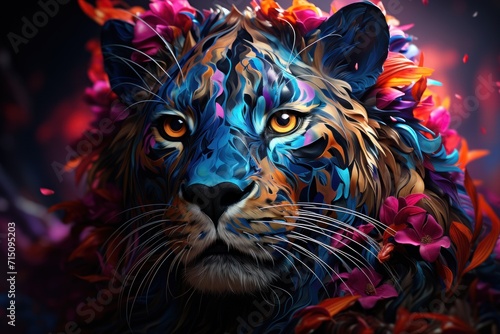  a close up of a tiger s face with a lot of colorful flowers on it s head and a black background.