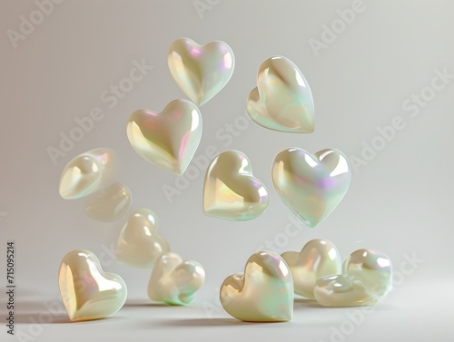 3D Realistic Shiny Shimmering Hearts Background. Valentine's Day Hearts Wallpaper. Glossy Hearts Backdrop with Space for Text.