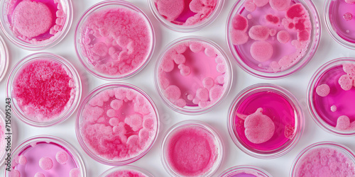 Microalgae Variety in Laboratory Petri Dishes wallpaper pattern. Top view of diverse pink microalgae samples in scientific petri dishes on white background. photo