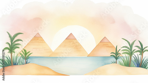 Sunset at pyramids of Giza  Egypt cartoon drawing  AI Generated