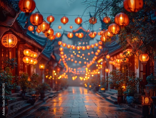 Lantern-lit Traditional Street, A vibrant shot of a traditional Chinese street adorned with red lanterns, bustling with Chinese new year festivities © ktianngoen0128