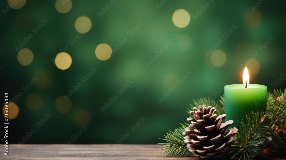  a lit candle sitting on top of a wooden table next to a pine cone and a pine cone on top of a wooden table.