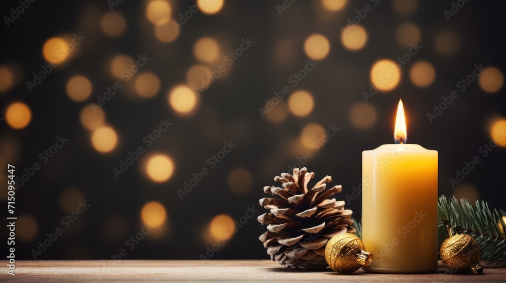 a lit candle next to a pine cone and a pine cone with a pine cone on the side of it. a lit candle next to a pine cone and a pine cone with a pine cone on the side of it.